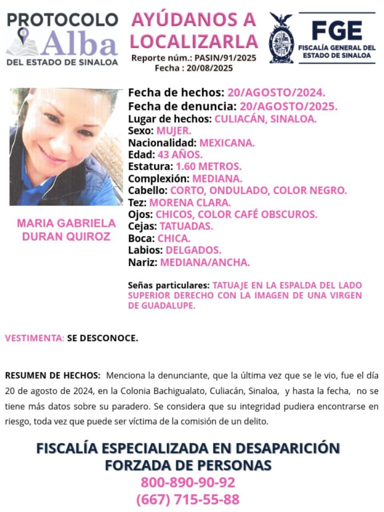 Activan Protocolo Alba para localizar a María Gabriela Durán Quiroz en Culiacán