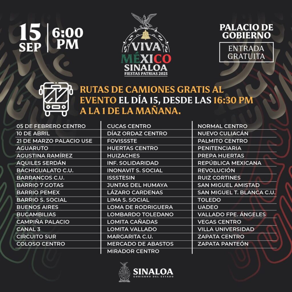 Gobierno de Sinaloa garantiza transporte gratuito y operativo de seguridad para el Grito de Independencia 2025 en Culiacán