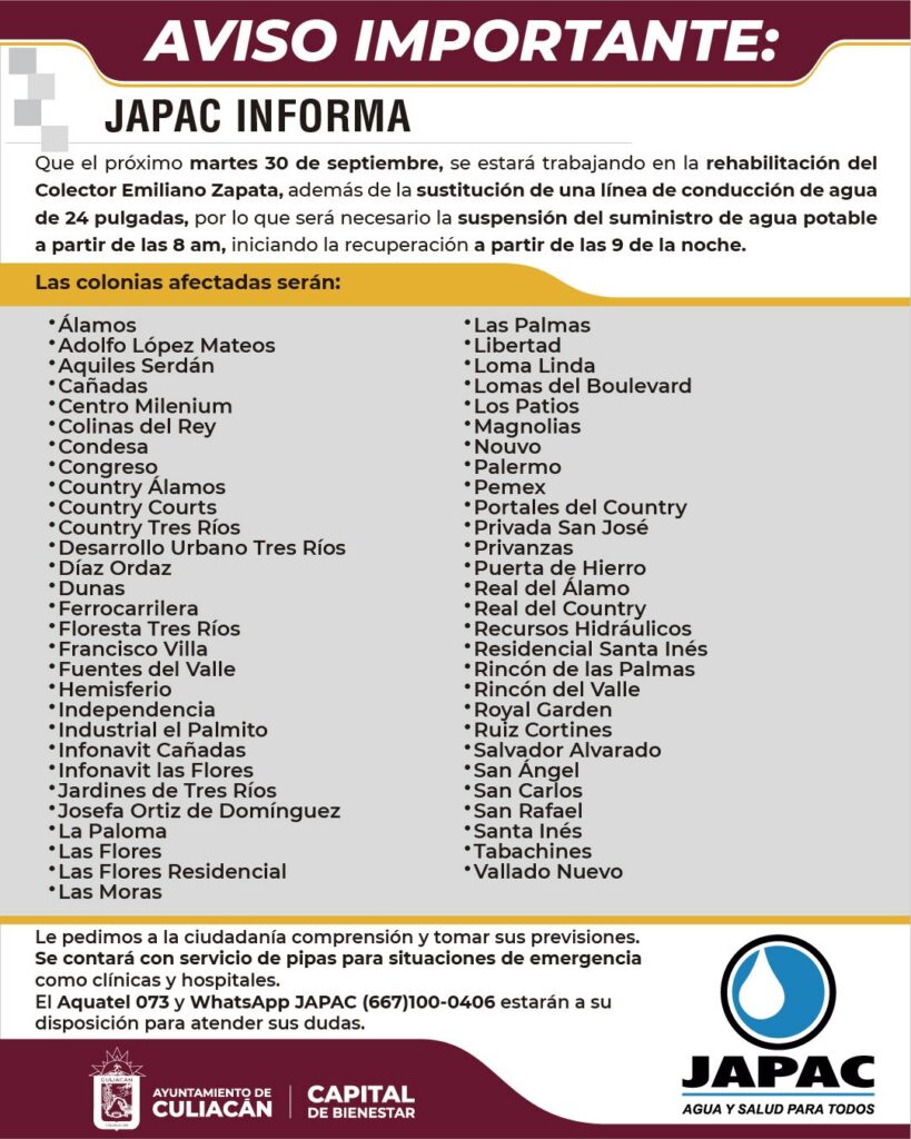 JAPAC anuncia suspensión de agua en varias colonias por trabajos de rehabilitación