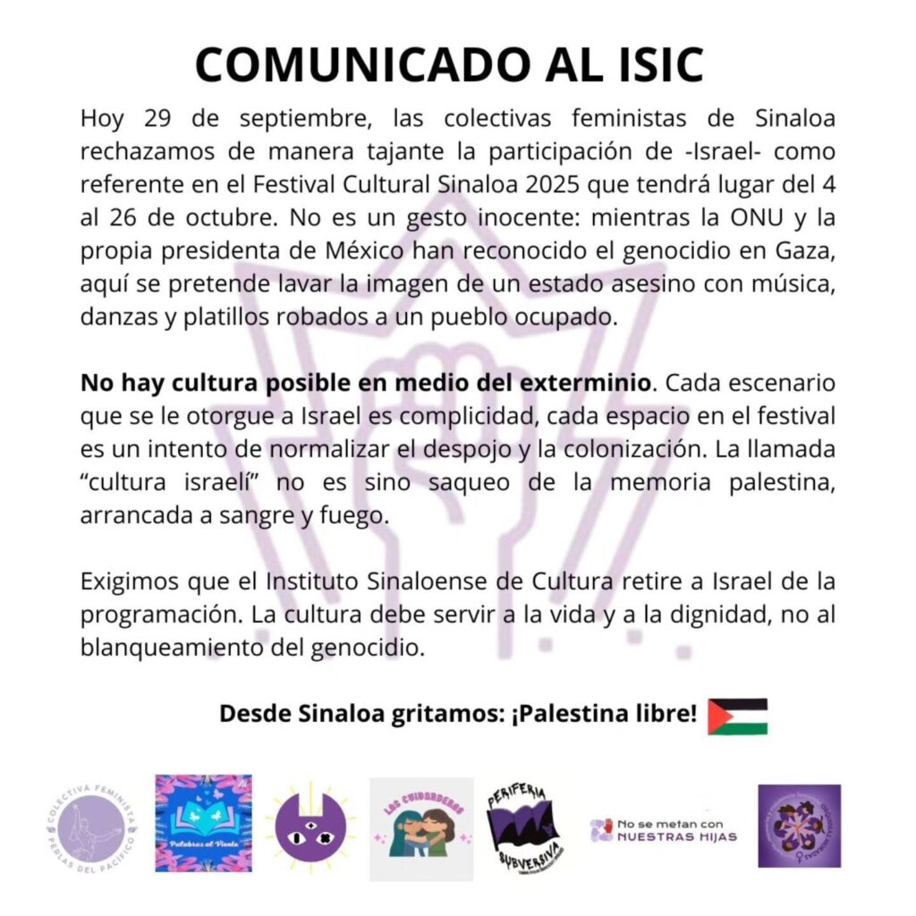 Colectivas Feministas de Sinaloa exigen exclusión de Israel del Festival Cultural 2025