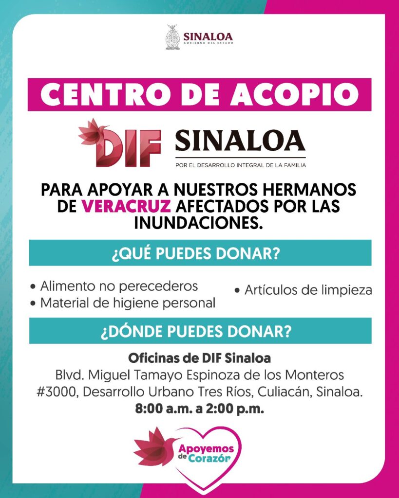 DIF Sinaloa instala centro de acopio para apoyar a familias damnificadas por inundaciones en Veracruz