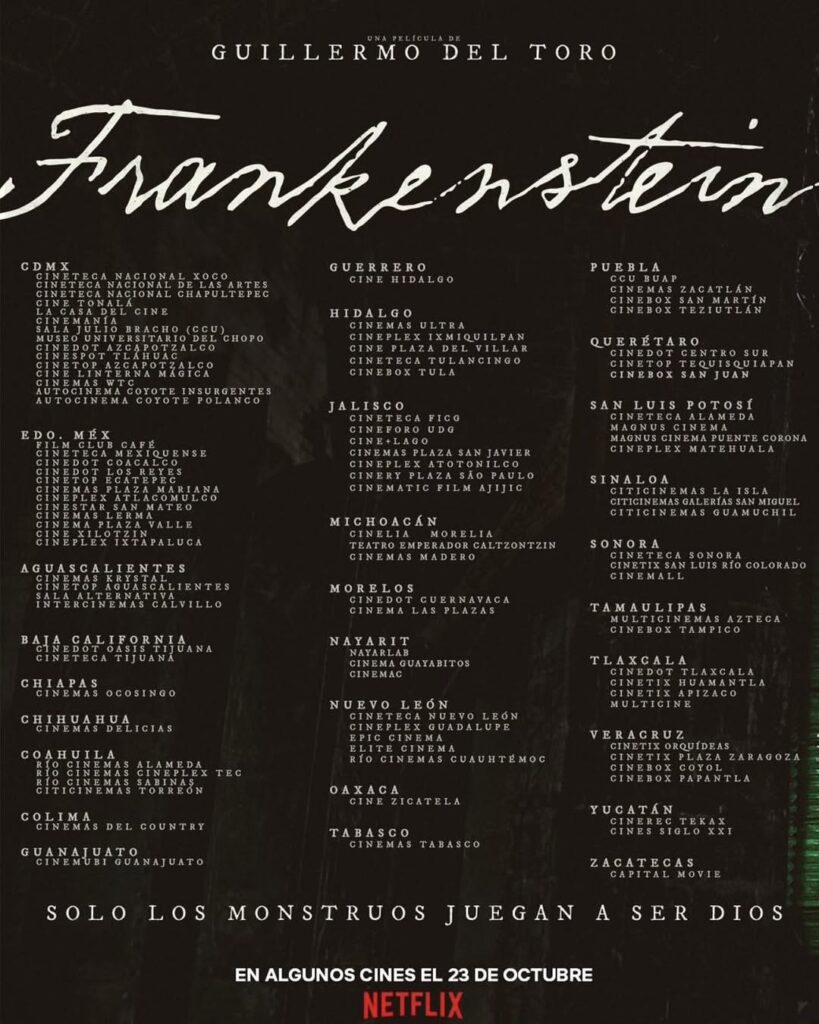 La premiere de Frankenstein de Guillermo del Toro llegará a las salas de cine de Sinaloa