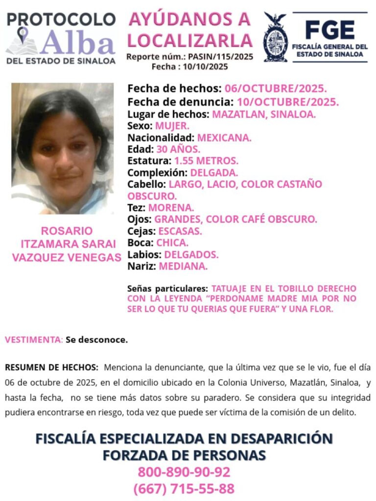 Activan Protocolo Alba en Sinaloa para localizar a Rosario Itzamara Saraí Vázquez Venegas