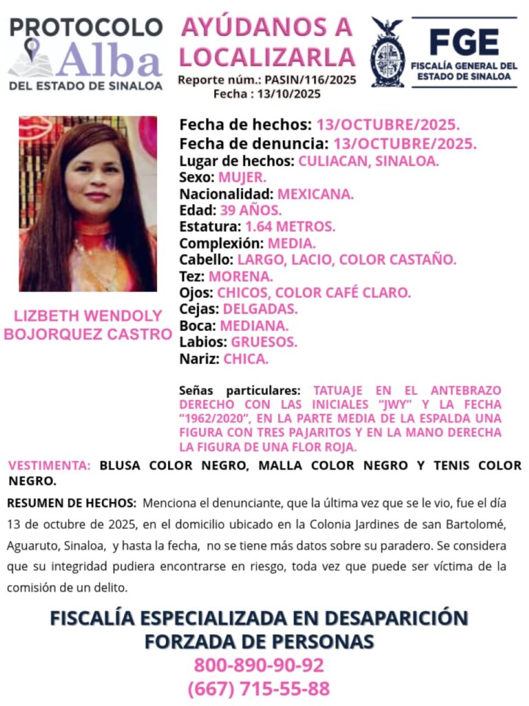 Activan protocolo Alba por desaparición de Lizbeth Wendoly