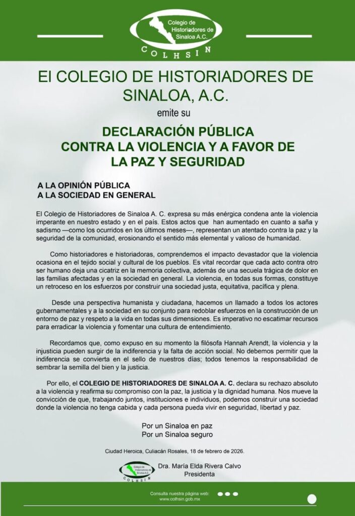 Colegio de Historiadores de Sinaloa alza la voz por la paz