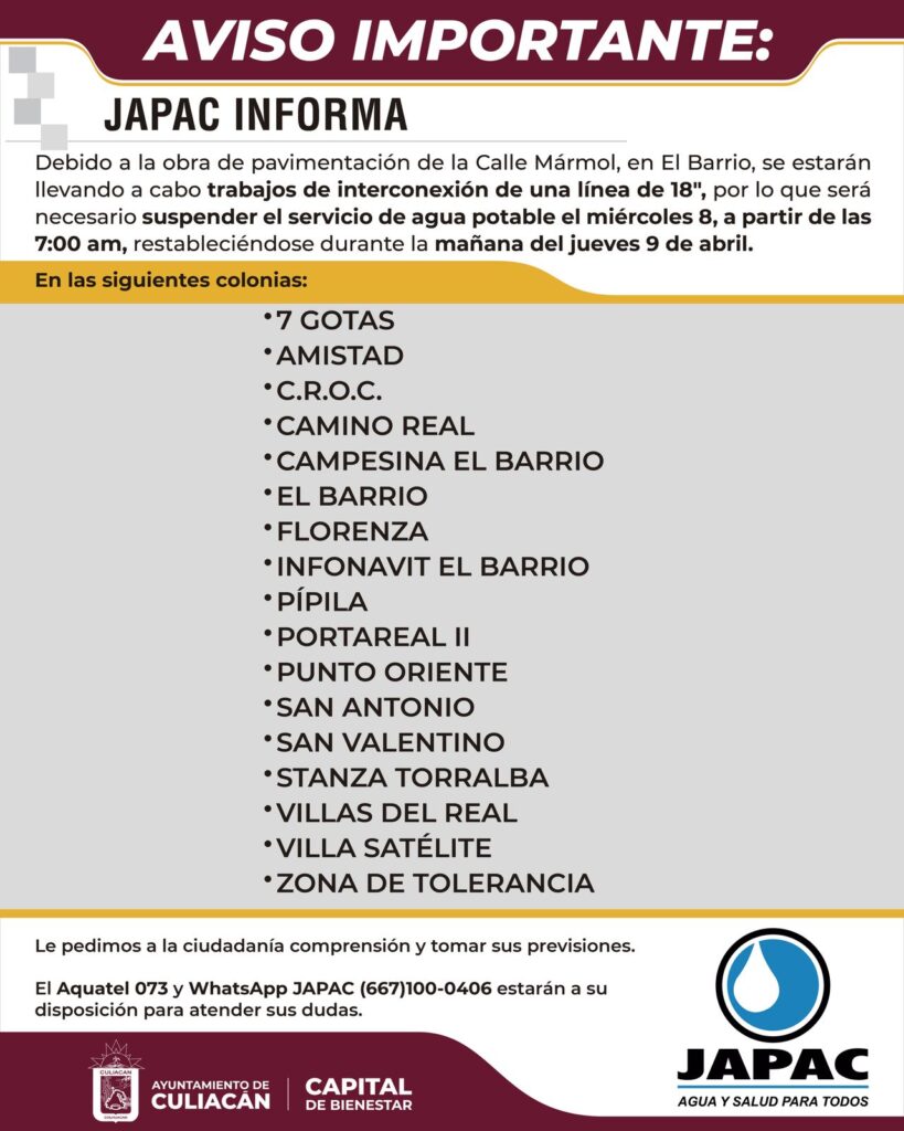 Corte de agua en Culiacán en la zona del Barrio